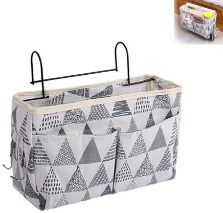 UESDU Bedside Organiser, Bedside Storage Pocket Hanging Storages Basket Canvas Bed Pocket Large Capacity with Hooks Bunk Bed Storage Caddy for Dormitory Bedroom(Grey)
