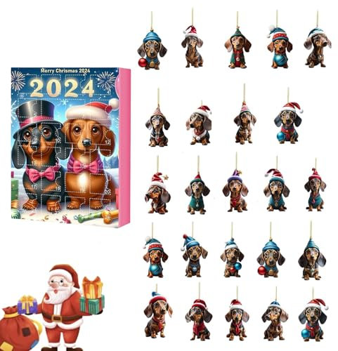 OUDIOHAI Adventskalender Dackel, 24 Tage Weihnachts Hunde Countdown Kalender, 2D Flache Acryl Hundeanhänger für Weihnachtsbaum, 2024 Weihnachten Countdown, Dackel Anhänger, Sammlerstück Countdown Box