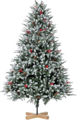 YDHSIKK Künstlicher Weihnachtsbaum 180 cm, dichtgefüllte Zweige, Premium-PE/PVC-Weihnachtsbaum mit Kiefernzapfen und roten Beeren, Holzfuß