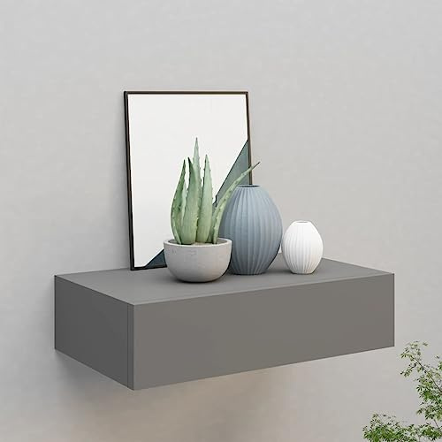 Hovothy Schweberegal Mit Schublade Grau Wandkonsole Mit Schublade 40 cm Wandregale MDF, Metall Hängeregal 40x23,5x10 cm