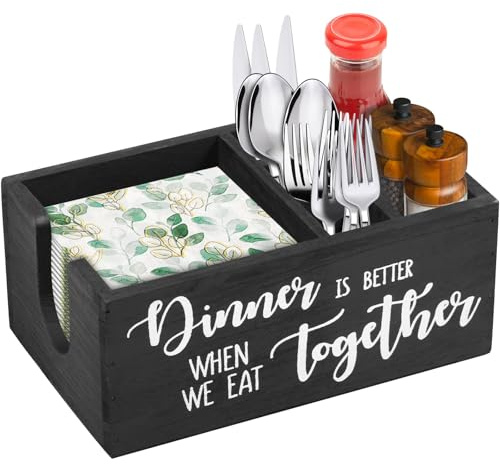 Wooden Tabletop Napkin Holder & Utensil Caddy with Salt Pepper Shakers | Versatile Salt and Pepper Rack Tabletop Condiment Organizer Box & Tableware Holder for Home Kitchen Dining Room Counter