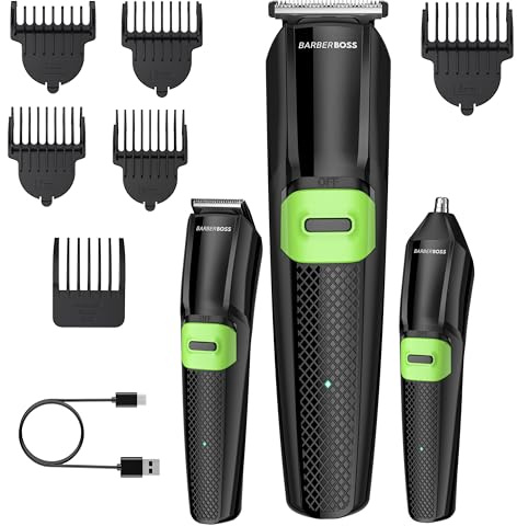 BarberBoss 3-in-1-Pflegeset für Männer: Bartschneider, Haarschneider & Nasenhaartrimmer, Präzisionsklingen, 6 Kämme, USB-Aufladung, LED-Anzeige & reisetaugliches Design