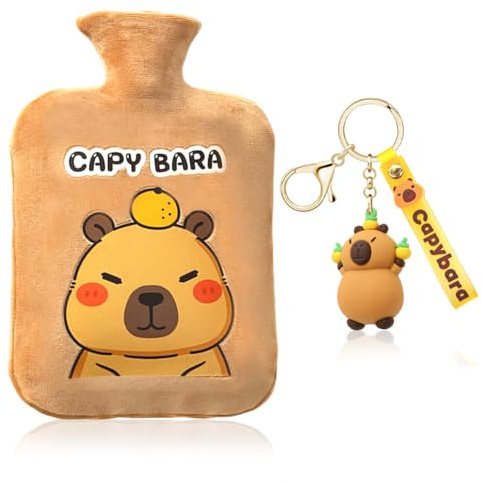 Hot Water Bottle with Plush Cover & Keychain - Capybara Gift Set 2L Hot Water Bag Safe & Leak-Proof, Complete Cozy Present for Women, Kids, Teens |Ideal Christmas Birthday Gift (C3)