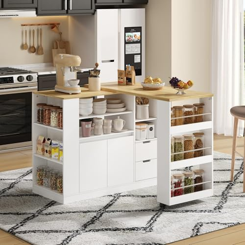 ModernLuxe Kücheninsel mit ausziehbarer Arbeitsplatte, Küchenwagen, drehbare Tischplatte, Küchenblock mit Regalen & Schubladen, Kaffeebar & Esstisch für Küche & Esszimmer,Weiß+ Holzfarbe