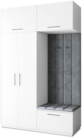 Masseno Flugarderoben Set Rema, Kleiderschrank-Set mit Sitzbank, Garderobenschrank Flur mit 5 Regalböden, Weiß