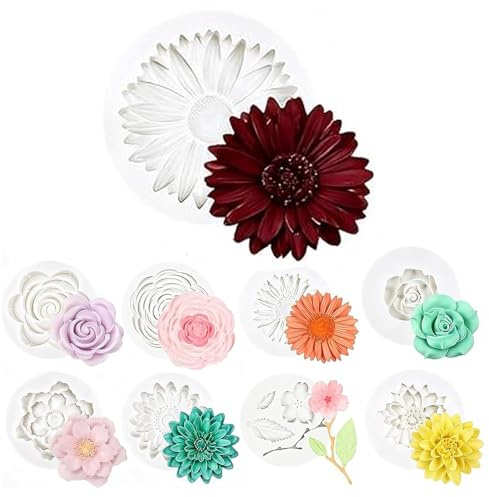 Flower Silicone Moulds 9Pack Reusable Floral Molds, Silicone Moulds for Plaster of Paris, Wax Melt Moulds, DIY Candle Making Cake Decorating Soap Baking Multi-Purpose Handmade Craft Molds