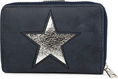 styleBREAKER Sac Portefeuille à étoile avec Aspect Paillette ou métallique, Fermeture éclair, Porte-Monnaie, Femme 02040076, Couleur:Bleu foncé/Argent métallisé