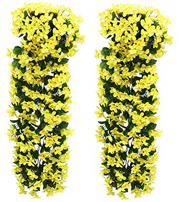 duisoad 2 Stück Kunstblumen Hängend Kunstblumen Hängend Wie Echt Künstlich Veilchen Hängende Blumen für Wohnzimmer, Garten, Balkon, Flur, Hochzeitsdekoration, Gelb