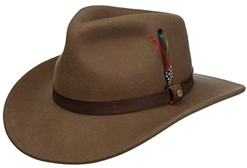 Stetson Oklahoma Wollfilz Westernhut Herren - 100% wasserabweisender Filz (Asahi Guard) - ultraleichter, knautschbarer Hut mit Feder und Lederband - Filzhut Sommer/Winter braun L (58-59 cm)