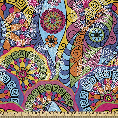 ABAKUHAUS Blumen Stoff als Meterware, Hippie Aztec Tribal Boho, Microfaser Stoff für Dekoratives Basteln, 1M (230x100cm), Rosa Gelb