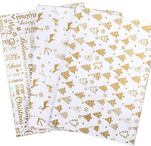 Whaline 120 Blatt Gold Geschenkpapier Set, Weihnachtsbaum, Rentier, Schneeflocke Design für Weihnachten Geschenkpapier DIY und Handwerk, 35,6 x 50,8 cm