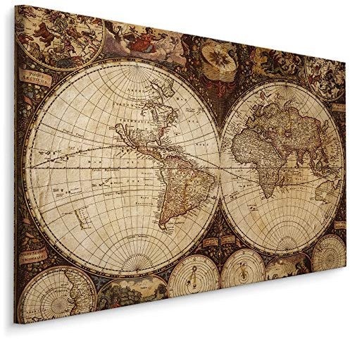 Muralo Wandbild Weltkarte, Alt Erdkugel, Retro, Karte - 90x60 cm | Leinwandbild, Modernes Design, edle Optik - ideal für Schlafzimmer und Wohnzimmer, Ein echter Hingucker in jedem Zuhause