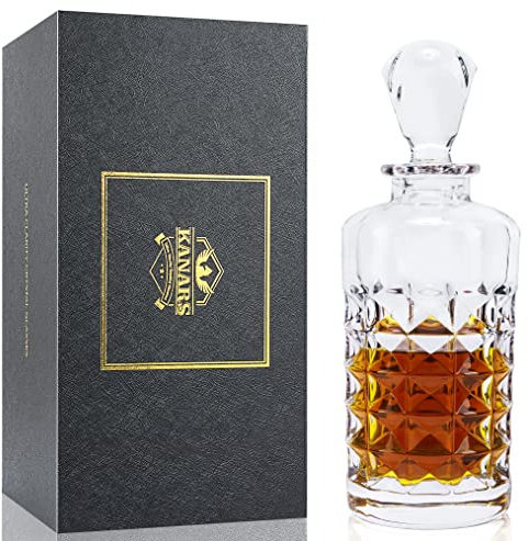 KANARS Whiskey Decanter 25 Oz - Crafted Round Crystal Decanter for Scotch, Cocktail, Vodka or Liquor - Premium Airtight Bourbon Carafe for Dinner Party Wedding