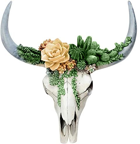 ikasus Stierkopf Harz Wanddekoration,Polyresin Stier Bulle Longhorn Kopf,Blume Kuh Schädel Wanddekoration Kinderzimmer Dekor, Simulation 3D Tier Kuh Schädel für den Innenbereich,In-/Outdoor