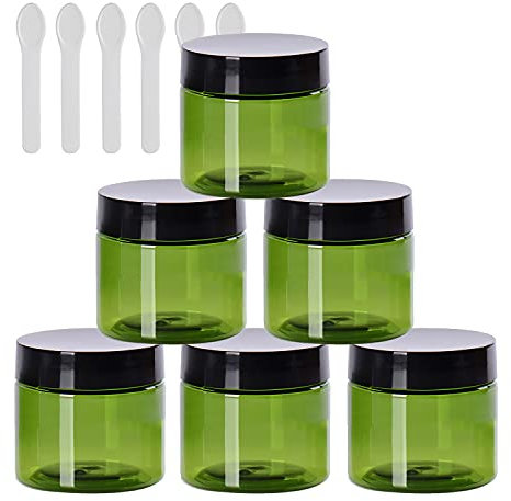 TIANZD 6 Pièces Vides Petit 50 ml Vert Cosmétique Pot en Plastique avec Couvercle Noir 50 g Pots de Cosmétique Crème de Bouteille Contenant avec 6x Spatules