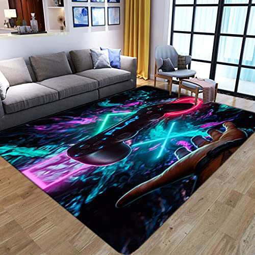 Teppich Schlafzimmer Modern Gamer 3D Controller Wohnzimmer Teppich rutschfeste Graffiti Spielkonsole Dekoration Carpets Schwarz Lila Blau Großen Flanell Krabbelmatte für Kinder (Farbe 1, 140x200 cm)