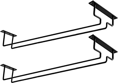 MATILODI 2 Pack 15.9-Inch Long Single Rail Metal Wine Glass Rack - Under Cabinet Stemware Storage Holder With Screws - Wire Hanger for RV Cabinet Kitchen Bar (Gold, 2) (Black)