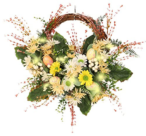 DEDEMCO 50 cm großer Osterei-Kranz mit gemischten Blumen, 20 LED-Prelit-Osterkranz mit bunten Eiern, Frühlingsblumenkranz, Seide, Gänseblümchen, Blumenkranz für die Haustür