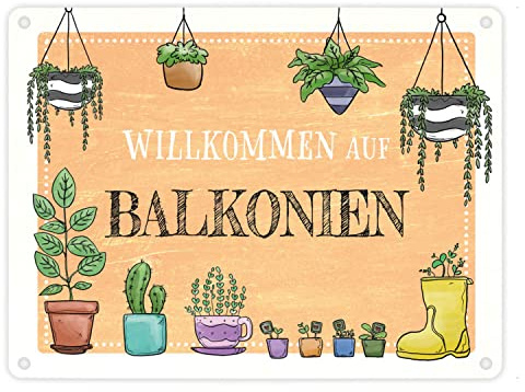 Willkommen auf Balkonien Metallschild in 15x20 cm in gelb mit verschiedenen Topfpflanzen als Dekoration für den Balkon Sommer