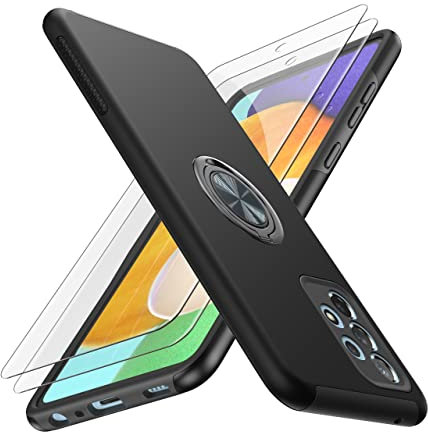 Lanhiem für Samsung Galaxy A52s 5G Hülle mit 2 Pack Panzerglas, Samsung A52 5G&4G Hülle [Eingebetteter Ständer] [PC+TPU Schutzhülle] Ring Handyhülle Kratzfeste Minimalistischer Hochwertiges, Schwarz