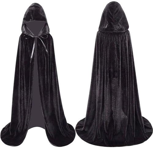 Winwild Schwarzer Umhang mit Kapuze,170CM Samt Cape Vampir Kostüm Damen Herren Erwachsener für Karneval Halloween Cosplay Kostüm(XL)