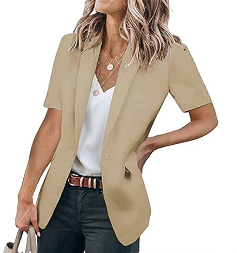 Sawmew Kurze Blazer Jacken für Damen, Lässig, Einfarbig, Kurzärmlig, Vorne Offen, Büro-Blazer mit Taschen (Color : Khaki, Size : M)