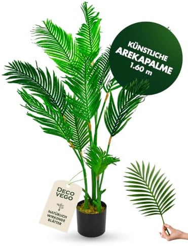 Künstliche Palme groß Kunstpalme Kunstpflanze Palme künstlich wie echt Plastikpflanze Arekapalme 160 cm hoch Balkon Dekoration Deko Decovego