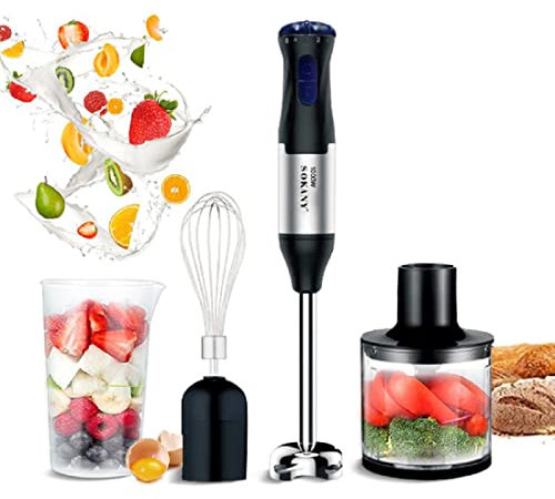SOKANY batidora de mano 1000W, 5 Velocidad regulable + Turbo, 4-in-1 Picadora eléctrica Acero inoxidable Incluye Vaso medidor, Picador y Emulsionador | Pica hielo, alimentos congelados, frutos secos