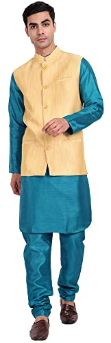 SKAVIJ Dupion seta Kurta pigiama da uomo con giacca Nehru (gilet) set indiano tradizionale abito etnico da sposa, Beige, XL