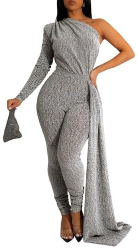 DinyIn Sexy Damen-Jumpsuits, formelle Pailletten, einärmlig, Party, Clubwear, silber, X-Large