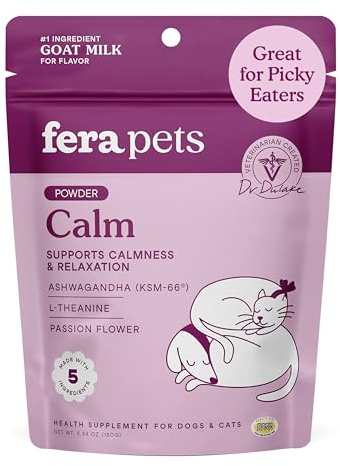 Fera Pets Goat Milk - Calming Supplement for Dogs & Cats - Ashwagandha, L-Theanine, & Passion Flower - Supports Anxiety Relief & Relaxation - for Picky Eaters - 60 TSP