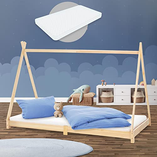 ML-Design Kinderbett Tipi 90x200 cm Natur mit Matratze H:16cm & Lattenrost, Indianer Bett, Kiefernholz, Hausbett für Mädchen/Jungen, Bodenbett Kinderhaus Jugendbett Holzbett Bettenhaus Spielbett Zelt