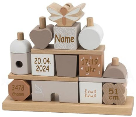 Steckspiel Haus beige personalisierbar mit Name und Geburtsdaten Baby Geschenk mit Gravur