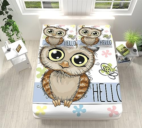Spannbettlaken Set 90x200 cm, Cartoon-Tier-Eule Spannbetttuch Weiche Atmungsaktiv Microfaser mit 2 Kissenbezug, Spannbetttücher für bis 25-30 cm Matraze and Kinder Erwachsener