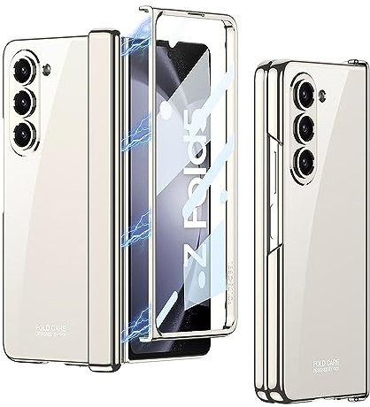 Mipoclea Custodia Chiaro per Samsung Galaxy Z Fold 5, Cover Placcata Trasparente con Protezione Cerniera Magnetica e Proteggi Schermo, Cover Protettiva Sottile Antiurto per Samsung Z Fold 5 (Argento)