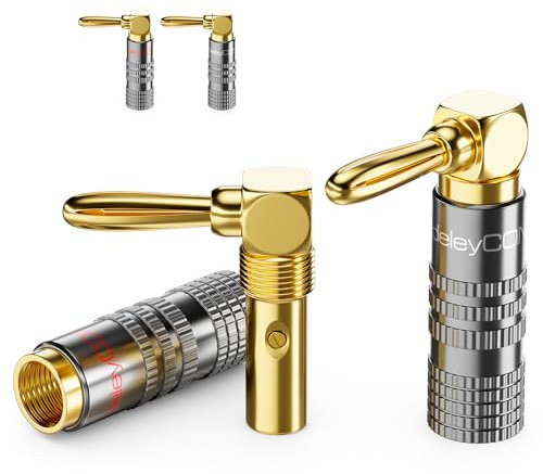 deleyCON 4 Stück Bananenstecker Set 90° Gewinkelt - Vergoldet Schraubbar für Lautsprecherkabel Boxenkabel 0,75 mm - 4,5 mm & z. B. HiFi Heimkino Receiver