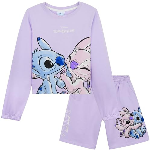 Disney Stitch Ensemble Survêtement Fille et Ado 2 Pièces Sweatshirt à Col Rond et Short Fille avec Poches Loungewear Set Confortable (Lilac, 9-10 Ans)