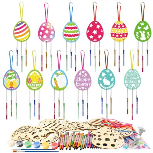 HAKOTOM 12 Stück Ostereier Windspiele Bastelset Kinder Ostern Eier Klangspiele Basteln Holz Osterei Bastelsets Osterbasteln Kunsthandwerk für Osterndeko Garten Haus Frühling Dekoration