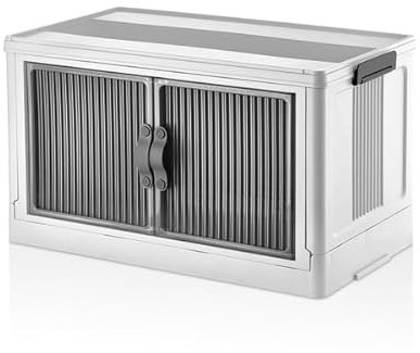 55L Foldable Plastic Storage Box with Door - Stackable Organiser, Collapsible Large Storage with Lid, Really Useful for Toys, Clothes, Office, Shoe Cabinet, Lockable Bin - Multi-Use (White)