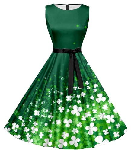 boseucn St. Patricks Day Kostüm Damen, Damen Kleider Ärmellos Kurz Kleid Vierblättriges Kleeblatt Druck Rock Vintage Festliche Kleider Casual Herbst Winter Cocktailkleid Abendkleider Minikleid