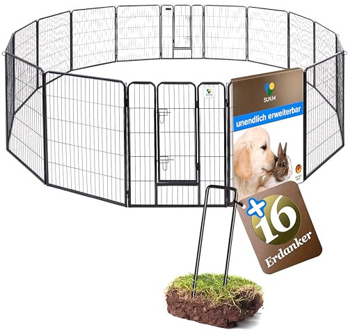 SUN-M Welpenauslauf 100cm hoch - 16 Teilig - inkl. Erdankern - Sicher, flexibel erweiterbar, werkzeugfreie Montage - ideal für Hund drinnen und draußen - Welpenzaun, Welpenlaufstall,Welpengehege