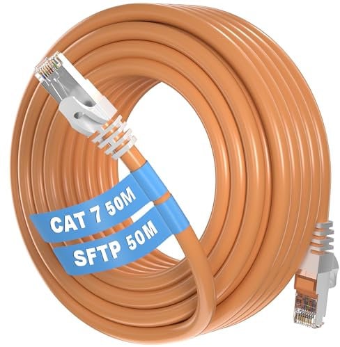 Cavo Ethernet 50 Metri Esterno, Cat 7 di Rete Schermato SFTP RJ45, LAN Alta Velocità 10Gbps Internet 50mt Filo Lungo Wlan Arancione Patch per Router Modem