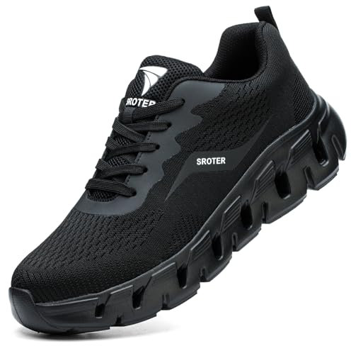 HEOAARG Zapatos de Seguridad para Hombre Mujer Calzado de Seguridad Zapatillas Trabajo Comodo Antideslizantes Zapatos Seguridad con Punta de Acero,Negro 42 EU