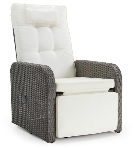 Mondeer Garden Recliner Chair, PE Rattan Lounge Armchair with Adjustable Backrest and 360° Swivel Base for Garden Terrace Indoor and Outdoor, Grey and Beige