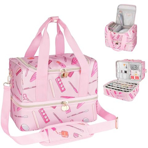 Jamiukro Nail Polish Organizer Case,Double Layers Nail Organizers and Storage Bag for Nail Supplies,Nail Art Tech,Pink