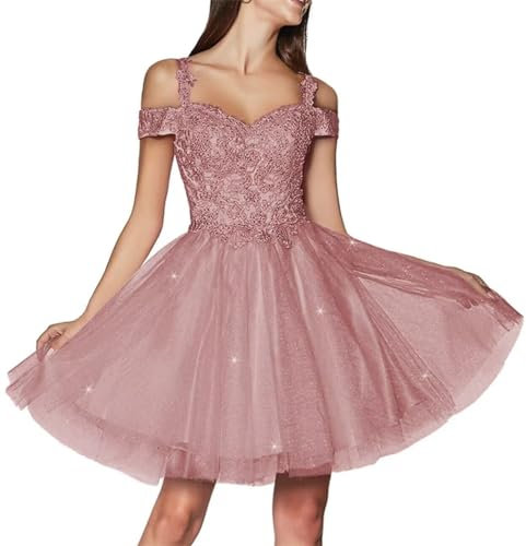 HPPEE Robes de bal scintillantes pour adolescents en tulle à épaules dénudées Robe de bal courte Robes de cocktail WYX571, vieux rose, 50 plus