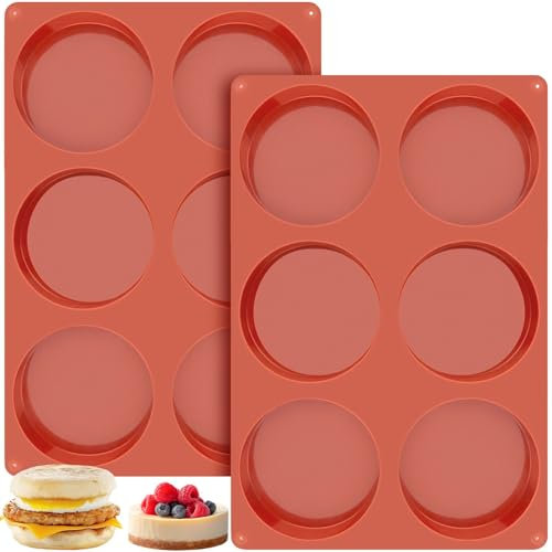 Ocmoiy Stampi per uova in silicone da 10 cm, per cuocere muffin, confezione da 2 stampi rotondi antiaderenti a forma di grande disco per hamburger, muffin inglesi, crostate, torte, pane di mais,