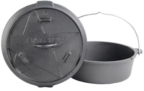 SANTOS Dutch Oven mit Deckel - Schmortopf für Außenküche - 5,7 L/6 Qt Feuertopf - Gusseisen - ideal für Lagerfeuer, Feuerstelle, Kohle- oder Gas-Grill