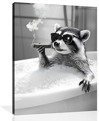 OWNANRTHM Waschbär Badezimmer Leinwand Wandkunst Waschbär in Badewanne Malerei Lustiges Tier Badezimmer Wandkunst Schwarz und Weiß Tier Badewanne Bilder für Bad WC Wanddekoration Gerahmt 30,5 x 40,6