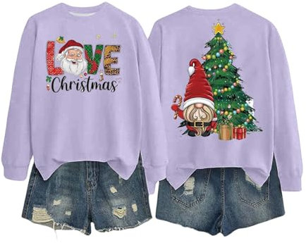 Natale Lettera Blingbling Albero Buon Natale Girocollo Donna Maglione Manica Lunga Camicia Stampato Maglione Felpa Felpe con cappuccio Pullover Donna, C-light Viola, XXL